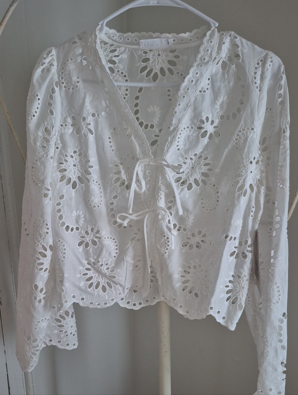 White Eyelet Tie-Front Lace Blouse for Women